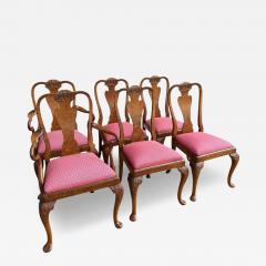 Set of 6 Antique Queen Anne Style Carved Burl Walnut Dining Chairs - 4475691