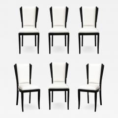 Set of 6 Art Deco Skyscraper Black Lacquer Off White Upholstery Dining Chairs - 4720106
