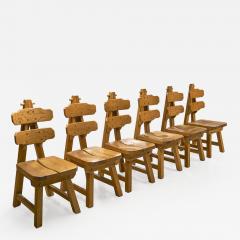 Set of 6 Brutalist Chairs in Solid Oak Spain 1970s - 1324232