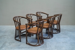 Set of 6 Chairs in Bamboo and Patinated Cognac Leather Mid 20th Century - 4803312