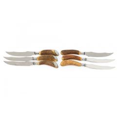 Set of 6 English Rustic Horn Handled Stainless Steel Steak Knives - 4742147