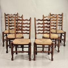 Set of 6 Large English Ladder Back Oak and Rush Dining Chairs - 4314437