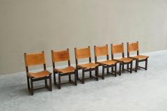 Set of 6 Mid Century Spanish Style Chairs in Patinated Cognac Leather and Studs - 4394813