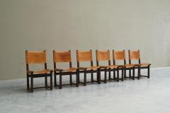 Set of 6 Mid Century Spanish Style Chairs in Patinated Cognac Leather and Studs - 4394902