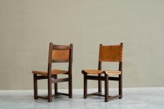 Set of 6 Mid Century Spanish Style Chairs in Patinated Cognac Leather and Studs - 4394903