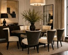 Set of 6 Mid Century Tuxedo Dining Chairs Ebonized Wood Brass Nailheads - 4766800