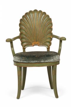 Set of 8 Italian Grotto Mid Century Carved Wood Green Upholstered Shellback Dini - 4629110