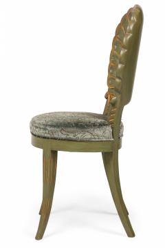 Set of 8 Italian Grotto Mid Century Carved Wood Green Upholstered Shellback Dini - 4629112