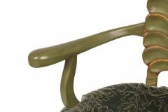 Set of 8 Italian Grotto Mid Century Carved Wood Green Upholstered Shellback Dini - 4629117