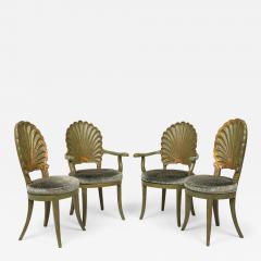 Set of 8 Italian Grotto Mid Century Carved Wood Green Upholstered Shellback Dini - 4644165