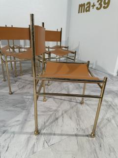 Set of 8 Mid Century Italian Leather and Brass Dining Chairs 1980s - 3572875