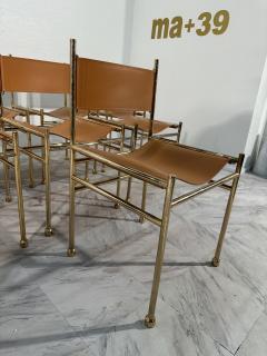 Set of 8 Mid Century Italian Leather and Brass Dining Chairs 1980s - 3572876