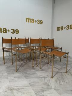Set of 8 Mid Century Italian Leather and Brass Dining Chairs 1980s - 3572877