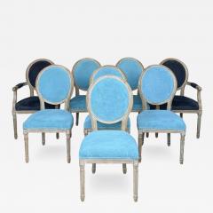 Set of 8 Swedish Louis XVI Style Blue Velvet Upholstered Dining Chairs - 4419546