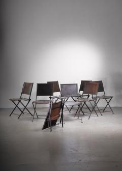 Set of 8 industrial French metal and leather folding chairs - 2486866