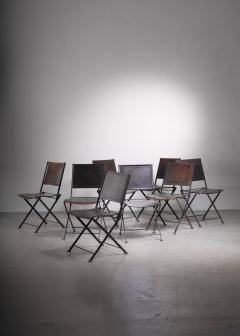 Set of 8 industrial French metal and leather folding chairs - 2486871