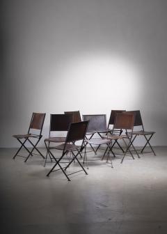 Set of 8 industrial French metal and leather folding chairs - 2486872