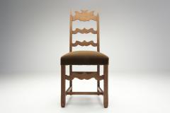 Set of Eight Oak Dining Chairs with Green Mohair Upholstery Europe 1960s - 4638315