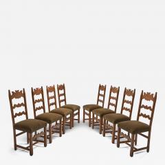 Set of Eight Oak Dining Chairs with Green Mohair Upholstery Europe 1960s - 4648661