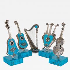 Set of Five Spanish Turquoise and Silver Miniature Musical Instruments - 4553282