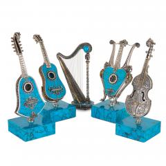 Set of Five Spanish Turquoise and Silver Miniature Musical Instruments - 4553287