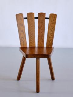 Set of Four French Modern Tripod Oak Dining Chairs with Fan Shaped Back 1950s - 3336926