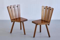 Set of Four French Modern Tripod Oak Dining Chairs with Fan Shaped Back 1950s - 3336927