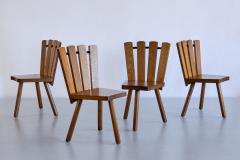 Set of Four French Modern Tripod Oak Dining Chairs with Fan Shaped Back 1950s - 3336929