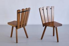 Set of Four French Modern Tripod Oak Dining Chairs with Fan Shaped Back 1950s - 3336932