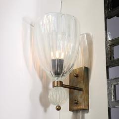 Set of Four Modernist Antique Brass Iridescent Murano Glass Orbital Drop Sconces - 3751617