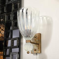 Set of Four Modernist Antique Brass Iridescent Murano Glass Orbital Drop Sconces - 3751653