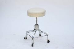 Set of Four Vintage Chrome and White Leather Adjustable Rolling Stools - 974278