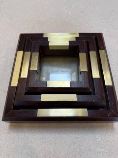 Set of Italian Wood and Brass Square Decorative Trays 1970s - 4524163