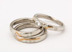 Set of Platinum Stacking Bands with Diamonds and Inlaid Gold - 3246903