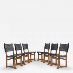 Set of Six Brutalist Oak and Leather Dining Chairs France 1960s - 3546773
