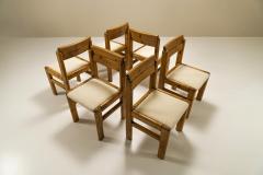 Set of Six Dining Chairs in Solid Pine and Sheep Curl Boucl France 1970s - 3070616