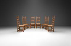 Set of Six High Back Oak and Rush Dining Chairs France ca 1950s - 4335499