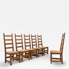 Set of Six High Back Oak and Rush Dining Chairs France ca 1950s - 4344353
