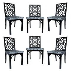 Set of Six Hollywood Regency Chinoiserie Chippendale Dining Chairs in Black - 3433379
