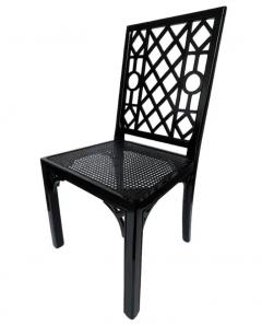 Set of Six Hollywood Regency Chinoiserie Chippendale Dining Chairs in Black - 3433406