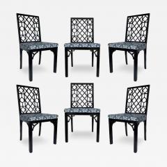 Set of Six Hollywood Regency Chinoiserie Chippendale Dining Chairs in Black - 3435202