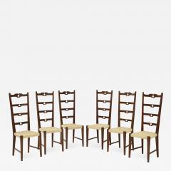 Set of Six Italian Walnut Rustic Ladder Back Chairs with Playing Card Motif - 1813684