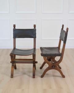 Set of Six Mid 20th Century Spanish Walnut and Leather Dining Chairs - 4707102