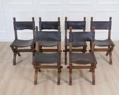 Set of Six Mid 20th Century Spanish Walnut and Leather Dining Chairs - 4707105