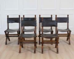 Set of Six Mid 20th Century Spanish Walnut and Leather Dining Chairs - 4707135