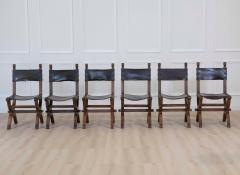 Set of Six Mid 20th Century Spanish Walnut and Leather Dining Chairs - 4707139