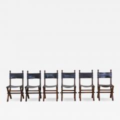 Set of Six Mid 20th Century Spanish Walnut and Leather Dining Chairs - 4708249