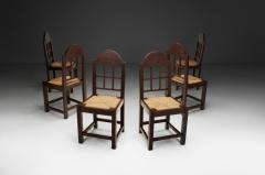 Set of Six Oak and Straw Dining Chairs with Geometric Backs Spain ca 1930s - 4569389