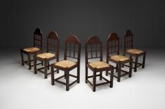 Set of Six Oak and Straw Dining Chairs with Geometric Backs Spain ca 1930s - 4569500