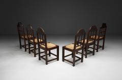 Set of Six Oak and Straw Dining Chairs with Geometric Backs Spain ca 1930s - 4569501